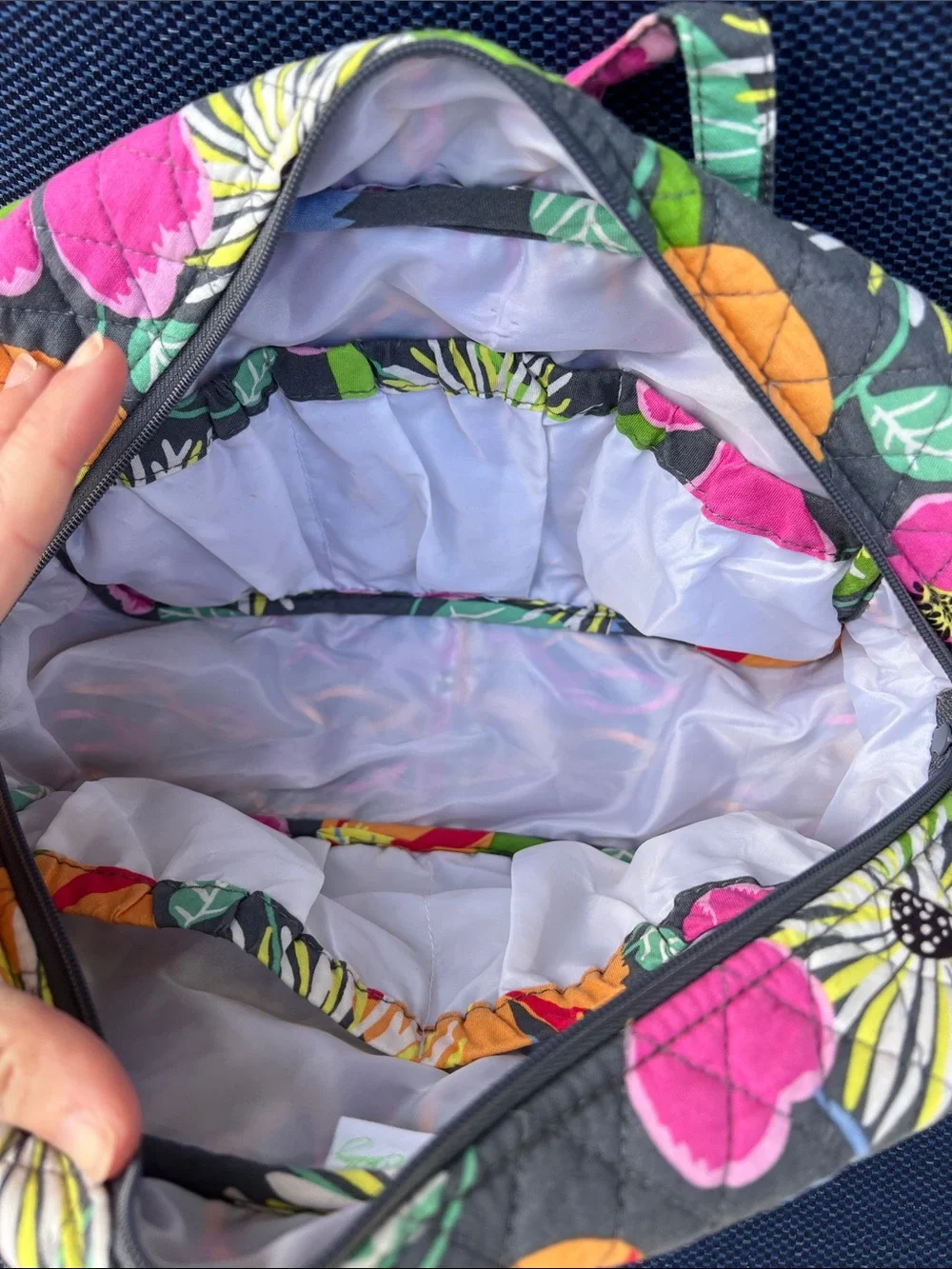 Vera Bradley Gray Quilted Cosmetic Bag with Pink, Orange & Green Floral Print